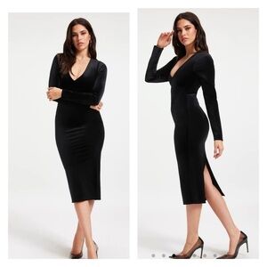 NEW GOOD AMERICAN Black Deep V Neck Velvet Bodycon Midi Dress Size 6/3XL